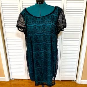 J.F.W. Size 22 Brand New w/ Tag Turquoise Dress w/ Black Lace Overlay